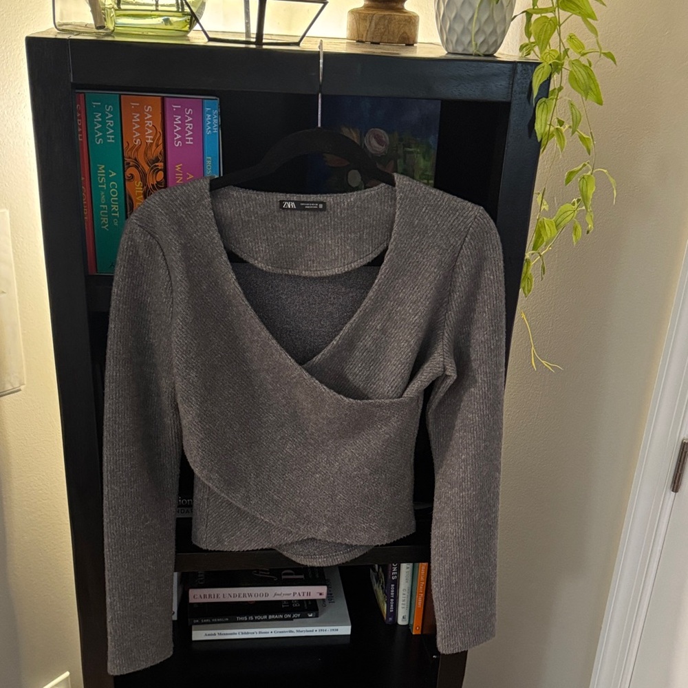 Zara Grey Wrap-Front Knit Long Sleeve Top